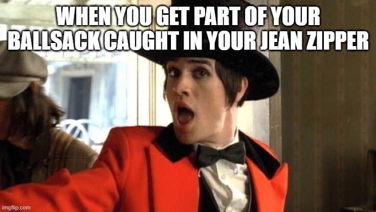 panic at the disco | WHEN YOU GET PART OF YOUR BALLSACK CAUGHT IN YOUR JEAN ZIPPER | image tagged in panic at the disco | made w/ Imgflip meme maker