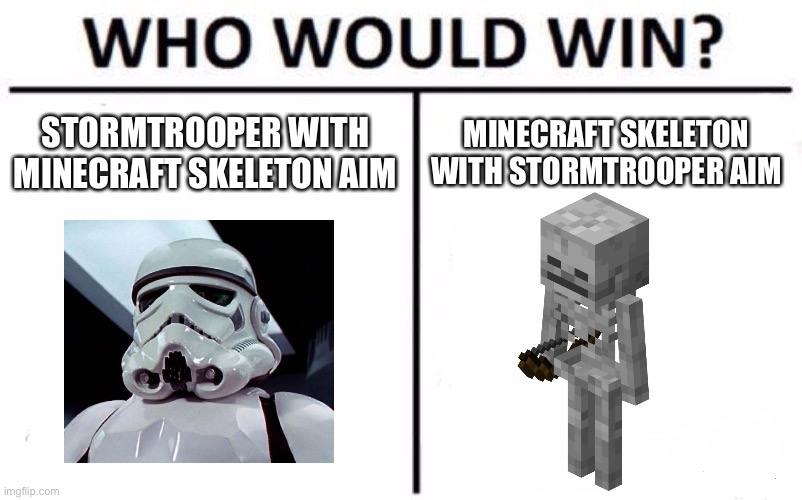 Who knows? | STORMTROOPER WITH MINECRAFT SKELETON AIM; MINECRAFT SKELETON WITH STORMTROOPER AIM | image tagged in memes,who would win,stormtrooper | made w/ Imgflip meme maker