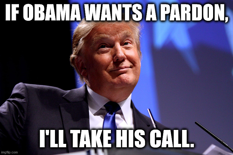 Donald Trump No2 | IF OBAMA WANTS A PARDON, I'LL TAKE HIS CALL. | image tagged in donald trump no2,obama,spygate,biden | made w/ Imgflip meme maker