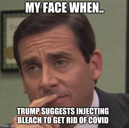 my face when |  MY FACE WHEN.. TRUMP SUGGESTS INJECTING BLEACH TO GET RID OF COVID | image tagged in my face when | made w/ Imgflip meme maker