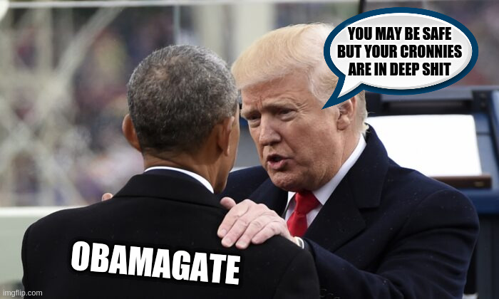 obamagate | YOU MAY BE SAFE BUT YOUR CRONNIES ARE IN DEEP SHIT; OBAMAGATE | image tagged in trump and obama,obamagate | made w/ Imgflip meme maker