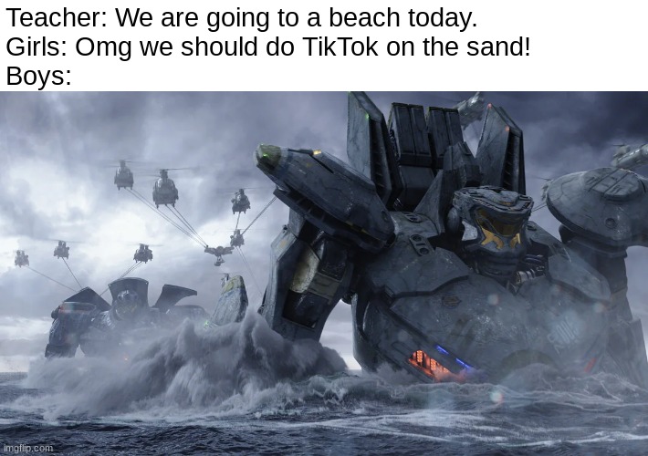 Teacher: We are going to a beach today.
Girls: Omg we should do TikTok on the sand!
Boys: | image tagged in memes | made w/ Imgflip meme maker