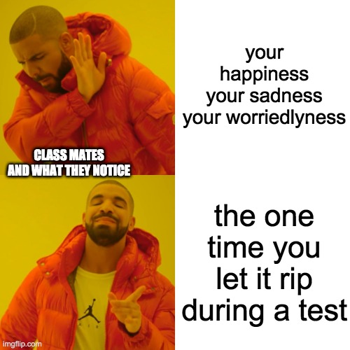 Drake Hotline Bling | your happiness
your sadness
your worriedlyness; CLASS MATES AND WHAT THEY NOTICE; the one time you let it rip during a test | image tagged in memes,drake hotline bling | made w/ Imgflip meme maker