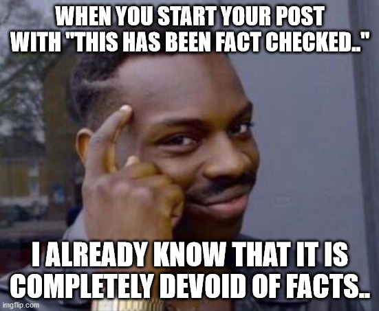 use your head | WHEN YOU START YOUR POST WITH "THIS HAS BEEN FACT CHECKED.."; I ALREADY KNOW THAT IT IS COMPLETELY DEVOID OF FACTS.. | image tagged in use your head | made w/ Imgflip meme maker