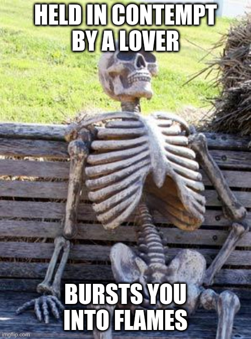 Waiting Skeleton | HELD IN CONTEMPT
BY A LOVER; BURSTS YOU INTO FLAMES | image tagged in memes,waiting skeleton | made w/ Imgflip meme maker