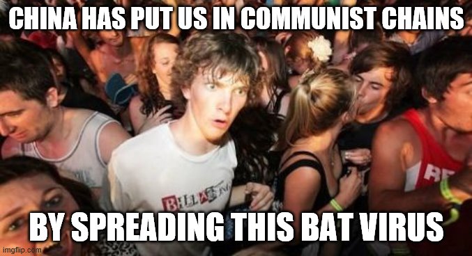 Sudden Clarity Clarence | CHINA HAS PUT US IN COMMUNIST CHAINS; BY SPREADING THIS BAT VIRUS | image tagged in memes,sudden clarity clarence | made w/ Imgflip meme maker