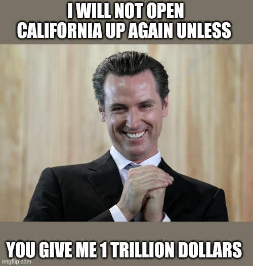 Dr. Evil Newsom | I WILL NOT OPEN CALIFORNIA UP AGAIN UNLESS; YOU GIVE ME 1 TRILLION DOLLARS | image tagged in scheming gavin newsom | made w/ Imgflip meme maker