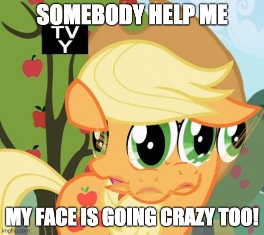 Somebody help these ponies! | SOMEBODY HELP ME; MY FACE IS GOING CRAZY TOO! | image tagged in memes,applejack,crazy face | made w/ Imgflip meme maker