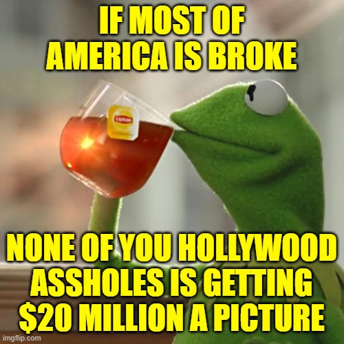 But That's None Of My Business Meme | IF MOST OF AMERICA IS BROKE NONE OF YOU HOLLYWOOD ASSHOLES IS GETTING $20 MILLION A PICTURE | image tagged in memes,but that's none of my business,kermit the frog | made w/ Imgflip meme maker
