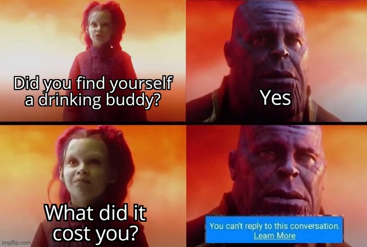 Thanos Needs a New Drinking Partner | image tagged in thanos what did it cost,drinking,funny,tinder | made w/ Imgflip meme maker