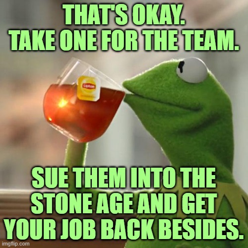 But That's None Of My Business Meme | THAT'S OKAY.
TAKE ONE FOR THE TEAM. SUE THEM INTO THE STONE AGE AND GET YOUR JOB BACK BESIDES. | image tagged in memes,but that's none of my business,kermit the frog | made w/ Imgflip meme maker