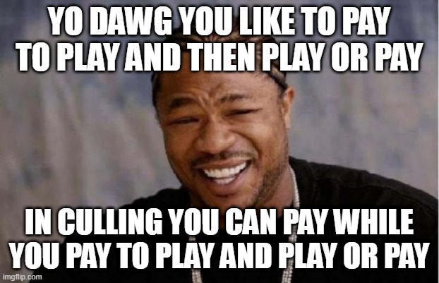 Yo Dawg Heard You | YO DAWG YOU LIKE TO PAY TO PLAY AND THEN PLAY OR PAY; IN CULLING YOU CAN PAY WHILE YOU PAY TO PLAY AND PLAY OR PAY | image tagged in memes,yo dawg heard you | made w/ Imgflip meme maker