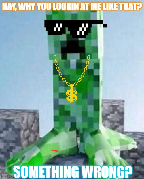 cool creeper | HAY, WHY YOU LOOKIN AT ME LIKE THAT? SOMETHING WRONG? | image tagged in funny,cool,minecraft creeper | made w/ Imgflip meme maker