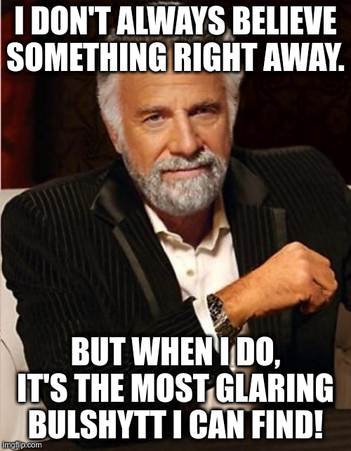 i don't always | I DON'T ALWAYS BELIEVE SOMETHING RIGHT AWAY. BUT WHEN I DO, IT'S THE MOST GLARING BULSHYTT I CAN FIND! | image tagged in i don't always | made w/ Imgflip meme maker