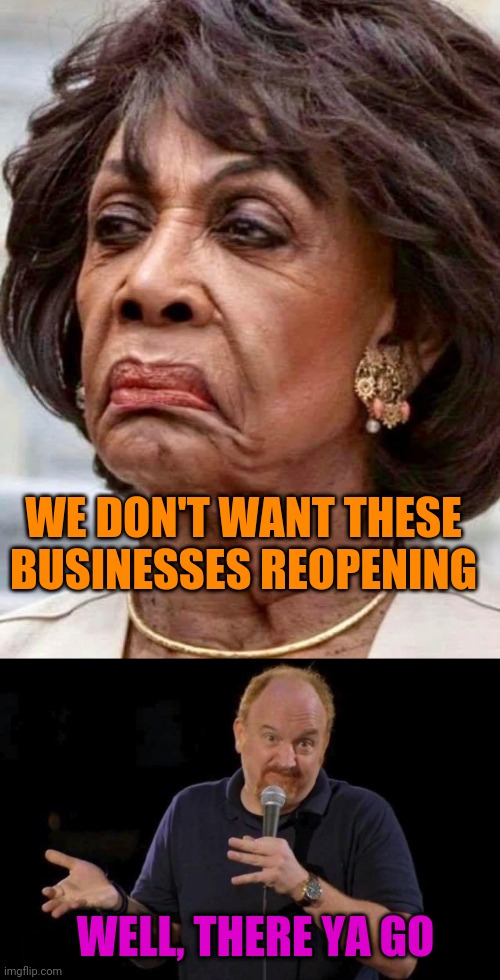 Maxine Let It Slip | WE DON'T WANT THESE BUSINESSES REOPENING; WELL, THERE YA GO | image tagged in louis ck but maybe,maxine waters,covid-19,lockdown,politics,stupid liberals | made w/ Imgflip meme maker