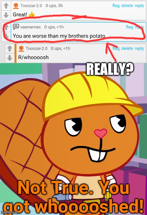 You just got whooooshed! | REALLY? Not True. You got whooooshed! | image tagged in confused handy htf | made w/ Imgflip meme maker