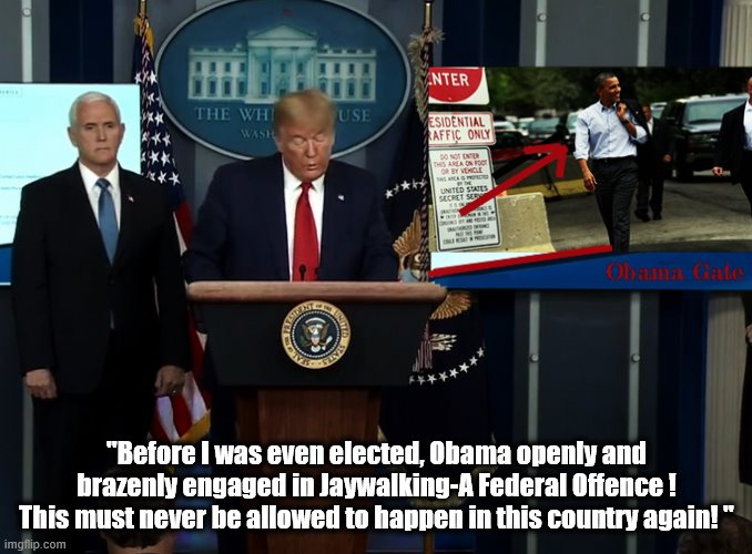 OBAMAGATE revealed | "Before I was even elected, Obama openly and brazenly engaged in Jaywalking-A Federal Offence ! This must never be allowed to happen in this country again! " | image tagged in president obama,donald trump is an idiot,trump is a moron | made w/ Imgflip meme maker