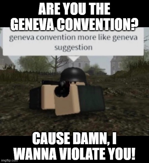 Treaty Violation | ARE YOU THE GENEVA CONVENTION? CAUSE DAMN, I WANNA VIOLATE YOU! | image tagged in geneva convention more like geneva suggestion | made w/ Imgflip meme maker