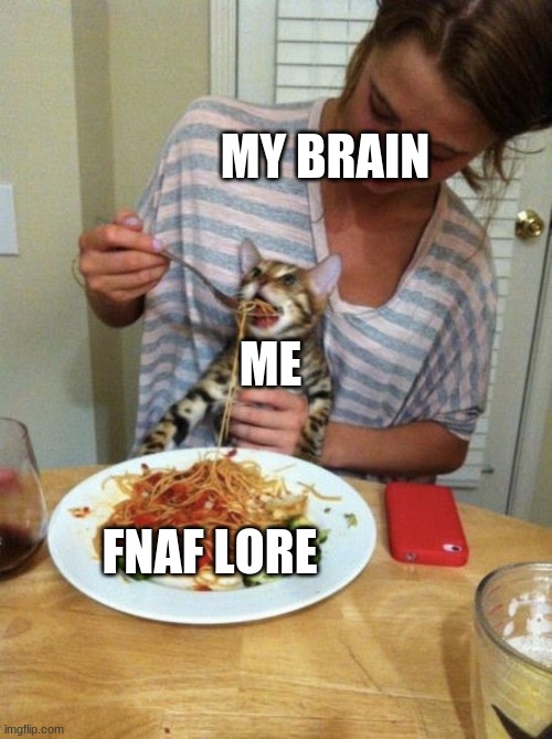 Feeding Cat Meme | MY BRAIN; ME; FNAF LORE | image tagged in feeding cat meme,help,fnaf | made w/ Imgflip meme maker