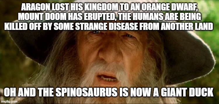 Gandolf | ARAGON LOST HIS KINGDOM TO AN ORANGE DWARF, MOUNT DOOM HAS ERUPTED, THE HUMANS ARE BEING KILLED OFF BY SOME STRANGE DISEASE FROM ANOTHER LAN | image tagged in gandolf | made w/ Imgflip meme maker