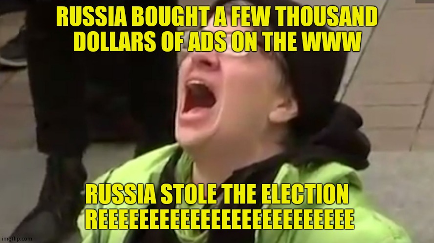 Screaming Liberal  | RUSSIA BOUGHT A FEW THOUSAND DOLLARS OF ADS ON THE WWW RUSSIA STOLE THE ELECTION  REEEEEEEEEEEEEEEEEEEEEEEEE | image tagged in screaming liberal | made w/ Imgflip meme maker