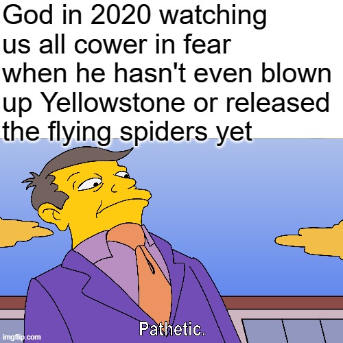 That is pathetic.. | God in 2020 watching us all cower in fear
when he hasn't even blown up Yellowstone or released the flying spiders yet | image tagged in pathetic,meme | made w/ Imgflip meme maker