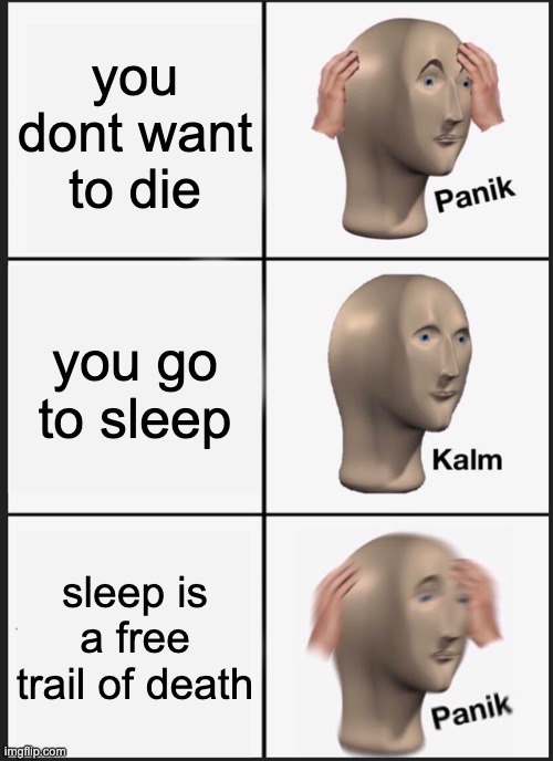 Panik Kalm Panik Meme | you dont want to die; you go to sleep; sleep is a free trail of death | image tagged in memes,panik kalm panik | made w/ Imgflip meme maker