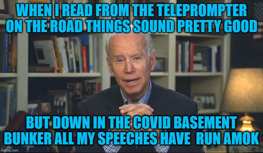 Joe's basement | WHEN I READ FROM THE TELEPROMPTER ON THE ROAD THINGS SOUND PRETTY GOOD; BUT DOWN IN THE COVID BASEMENT BUNKER ALL MY SPEECHES HAVE  RUN AMOK | image tagged in joe biden | made w/ Imgflip meme maker