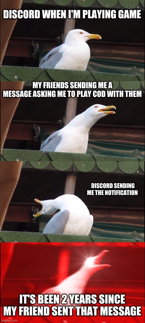 Image Tittle | DISCORD WHEN I'M PLAYING GAME; MY FRIENDS SENDING ME A MESSAGE ASKING ME TO PLAY COD WITH THEM; DISCORD SENDING ME THE NOTIFICATION; IT'S BEEN 2 YEARS SINCE MY FRIEND SENT THAT MESSAGE | image tagged in memes,inhaling seagull | made w/ Imgflip meme maker