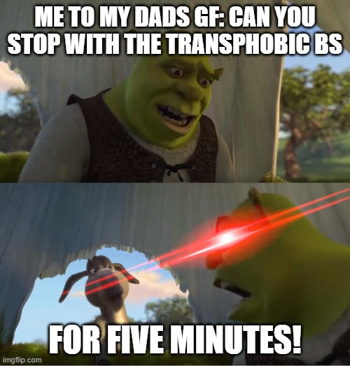 Shrek For Five Minutes | ME TO MY DADS GF: CAN YOU STOP WITH THE TRANSPHOBIC BS; FOR FIVE MINUTES! | image tagged in shrek for five minutes | made w/ Imgflip meme maker
