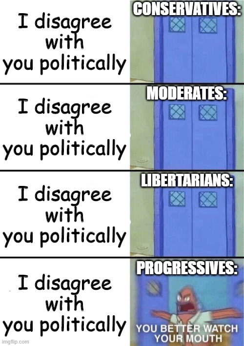 You better watch your mouth! 4-panel | I disagree with you politically; CONSERVATIVES:; MODERATES:; I disagree with you politically; I disagree with you politically; LIBERTARIANS:; I disagree with you politically; PROGRESSIVES: | image tagged in you better watch your mouth 4-panel | made w/ Imgflip meme maker
