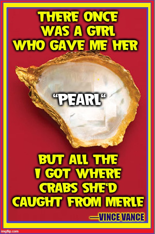 THERE ONCE WAS A GIRL WHO GAVE ME HER BUT ALL THE I GOT WHERE CRABS SHE'D CAUGHT FROM MERLE "PEARL" —VINCE VANCE | made w/ Imgflip meme maker