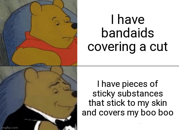 Tuxedo Winnie The Pooh Meme | I have bandaids covering a cut; I have pieces of sticky substances that stick to my skin and covers my boo boo | image tagged in memes,tuxedo winnie the pooh | made w/ Imgflip meme maker