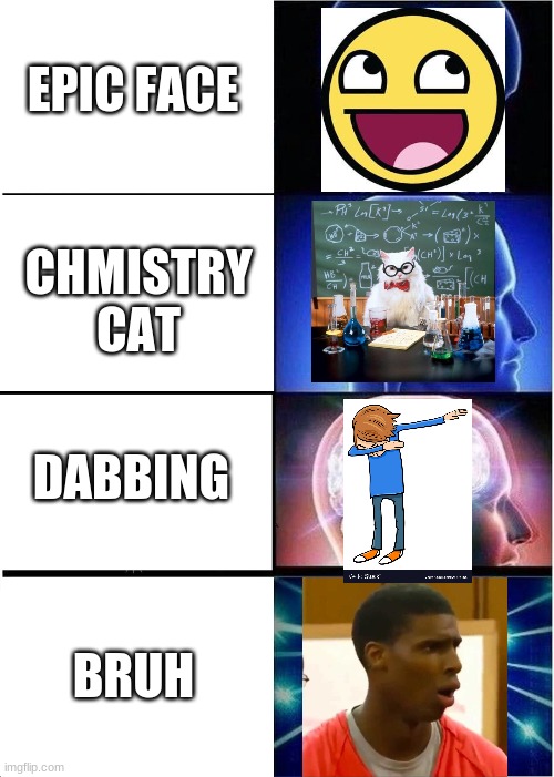 meme-olution | EPIC FACE; CHMISTRY CAT; DABBING; BRUH | image tagged in memes,expanding brain | made w/ Imgflip meme maker