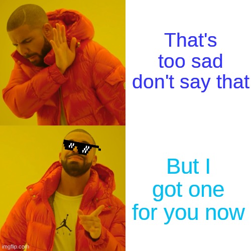 doing this like yes | That's too sad don't say that; But I got one for you now | image tagged in memes,drake hotline bling | made w/ Imgflip meme maker