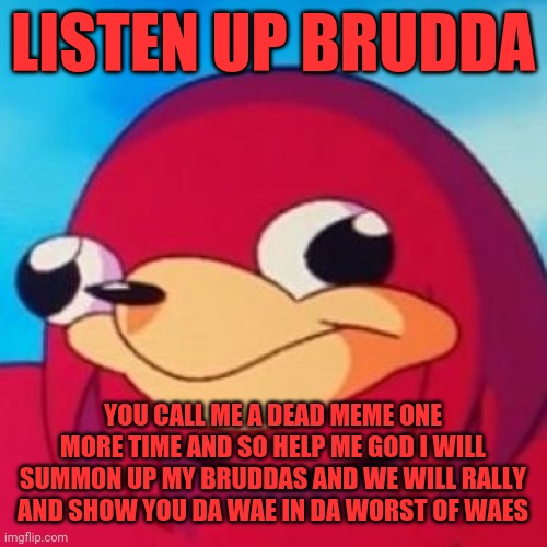 Ugandan Knuckles | LISTEN UP BRUDDA; YOU CALL ME A DEAD MEME ONE MORE TIME AND SO HELP ME GOD I WILL SUMMON UP MY BRUDDAS AND WE WILL RALLY AND SHOW YOU DA WAE IN DA WORST OF WAES | image tagged in ugandan knuckles,memes,do you know da wae | made w/ Imgflip meme maker