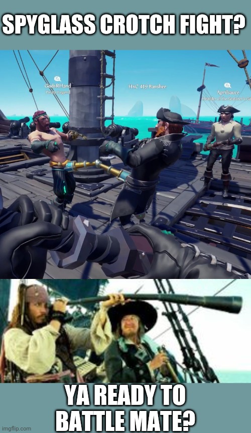 WHAT IS THE PURPOSE OF THIS? | SPYGLASS CROTCH FIGHT? YA READY TO BATTLE MATE? | image tagged in memes,sea of thieves,xbox one,pirate,pirates of the caribbean | made w/ Imgflip meme maker