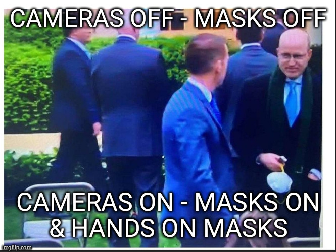 masks? | CAMERAS OFF - MASKS OFF; CAMERAS ON - MASKS ON
& HANDS ON MASKS | image tagged in unmasked | made w/ Imgflip meme maker