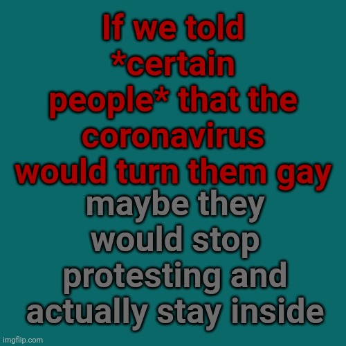 And they would probably believe it too | If we told *certain people* that the coronavirus would turn them gay; maybe they would stop protesting and actually stay inside | image tagged in memes,blank transparent square | made w/ Imgflip meme maker