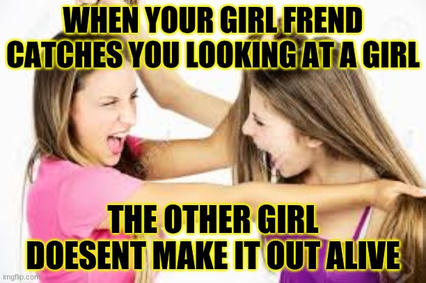 girl fight | WHEN YOUR GIRL FREND CATCHES YOU LOOKING AT A GIRL; THE OTHER GIRL DOESENT MAKE IT OUT ALIVE | image tagged in funny | made w/ Imgflip meme maker