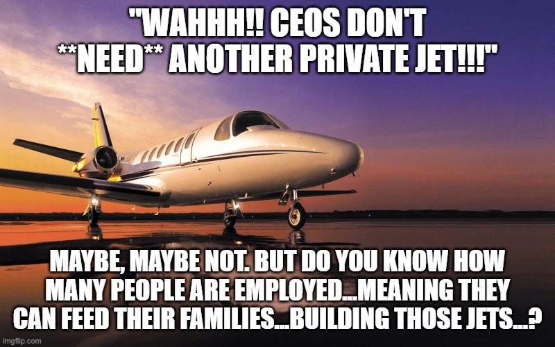 Class Warfare Is Regressive | "WAHHH!! CEOS DON'T **NEED** ANOTHER PRIVATE JET!!!"; MAYBE, MAYBE NOT. BUT DO YOU KNOW HOW MANY PEOPLE ARE EMPLOYED...MEANING THEY CAN FEED THEIR FAMILIES...BUILDING THOSE JETS...? | image tagged in private jet | made w/ Imgflip meme maker