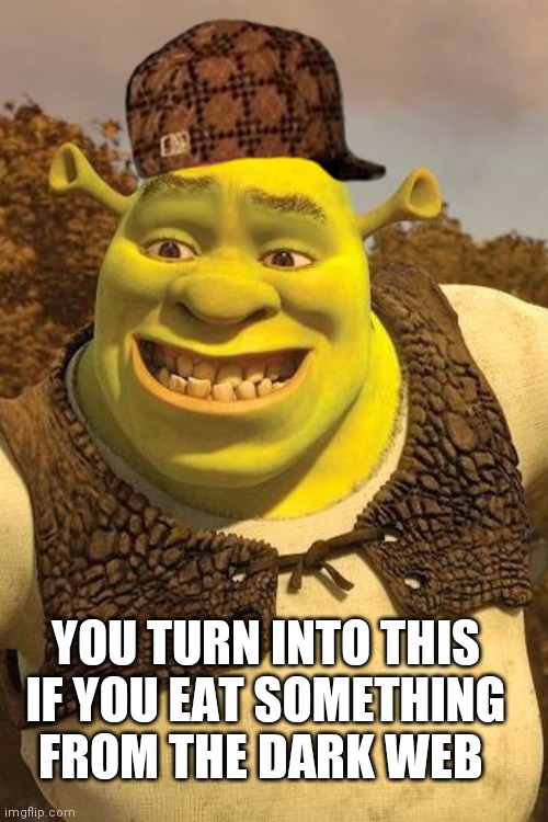 Smiling Shrek | YOU TURN INTO THIS IF YOU EAT SOMETHING FROM THE DARK WEB | image tagged in smiling shrek | made w/ Imgflip meme maker