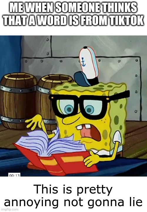Dictionaries are our friends! | ME WHEN SOMEONE THINKS THAT A WORD IS FROM TIKTOK; This is pretty annoying not gonna lie | image tagged in spongebob dictionary | made w/ Imgflip meme maker