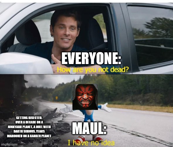 sonic how are you not dead | EVERYONE:; GETTING BISECTED, OVER A DECADE ON A JUNKYARD PLANET, A DUEL WITH DARTH SIDIOUS, YEARS MAROONED ON A BARREN PLANET; MAUL: | image tagged in sonic how are you not dead | made w/ Imgflip meme maker