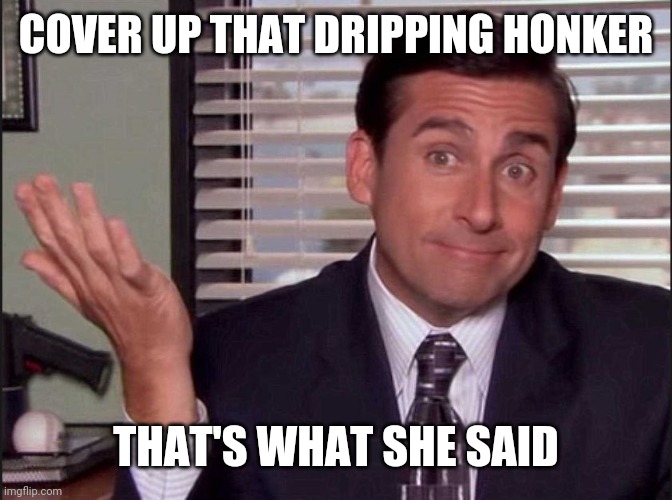 Where's your mask | COVER UP THAT DRIPPING HONKER; THAT'S WHAT SHE SAID | image tagged in michael scott | made w/ Imgflip meme maker