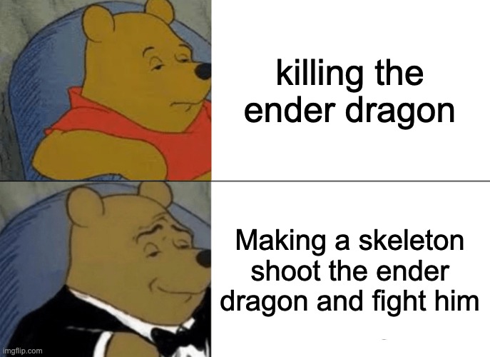 Steve the pooh | killing the ender dragon; Making a skeleton shoot the ender dragon and fight him | image tagged in memes,tuxedo winnie the pooh,steve the pooh | made w/ Imgflip meme maker