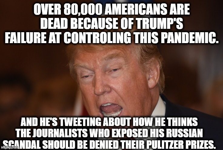 If you think this is what a president should be doing right now, then you're as stupid as he is. | OVER 80,000 AMERICANS ARE DEAD BECAUSE OF TRUMP'S FAILURE AT CONTROLING THIS PANDEMIC. AND HE'S TWEETING ABOUT HOW HE THINKS THE JOURNALISTS WHO EXPOSED HIS RUSSIAN SCANDAL SHOULD BE DENIED THEIR PULITZER PRIZES. | image tagged in donald trump,coronavirus,covid-19,failure,death,tweet | made w/ Imgflip meme maker