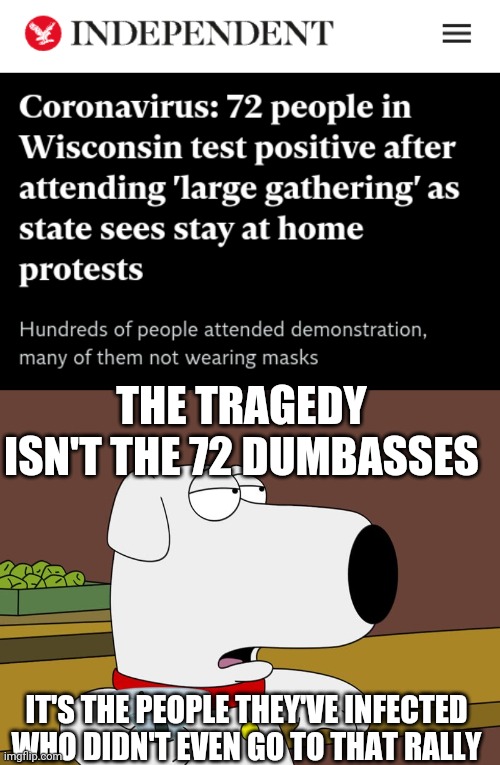 THE TRAGEDY ISN'T THE 72 DUMBASSES; IT'S THE PEOPLE THEY'VE INFECTED WHO DIDN'T EVEN GO TO THAT RALLY | image tagged in brian griffin | made w/ Imgflip meme maker