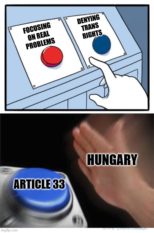 This is happening right now | DENYING 
TRANS 
RIGHTS; FOCUSING 
ON REAL 
PROBLEMS; HUNGARY; ARTICLE 33 | image tagged in two buttons 1 blue,lgbtq,trans rights | made w/ Imgflip meme maker