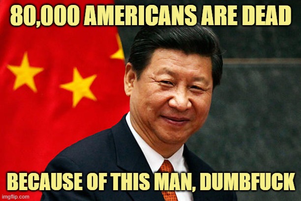 Xi Jinping | 80,000 AMERICANS ARE DEAD BECAUSE OF THIS MAN, DUMBFUCK | image tagged in xi jinping | made w/ Imgflip meme maker